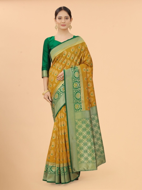 

INDI AVTAAR Mustard & Green Ethnic Motifs Zari Silk Cotton Banarasi Saree