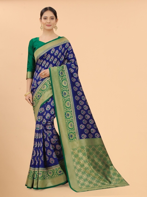 

INDI AVTAAR Green & Blue Ethnic Motifs Zari Silk Cotton Banarasi Saree