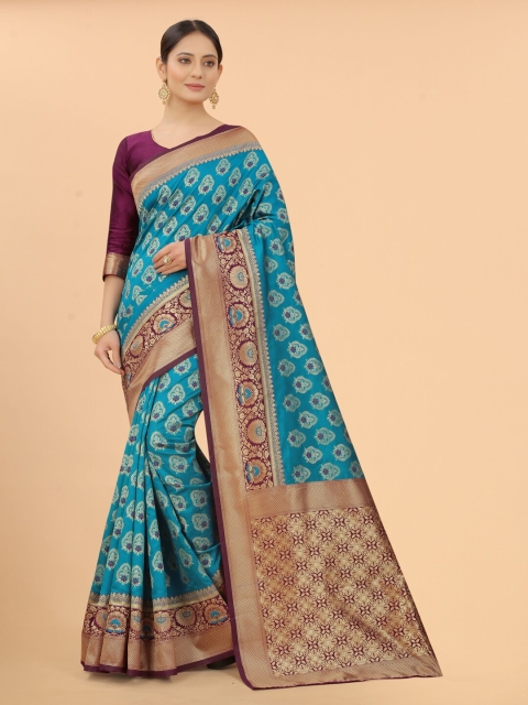 

INDI AVTAAR Women Blue & Purple Woven Design Zari Silk Cotton Banarasi Saree