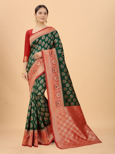 

INDI AVTAAR Green & Red Woven Design Zari Silk Cotton Banarasi Saree