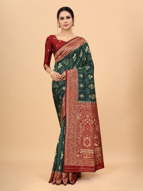 

INDI AVTAAR Green & Maroon Woven Design Zari Silk Cotton Banarasi Saree