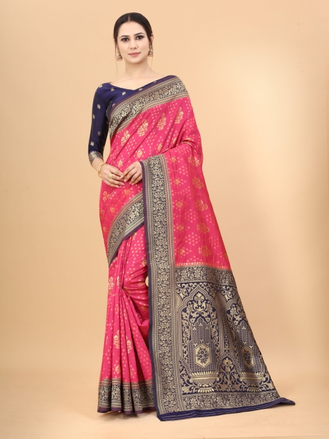 

INDI AVTAAR Pink & Blue Woven Design Zari Silk Cotton Banarasi Saree
