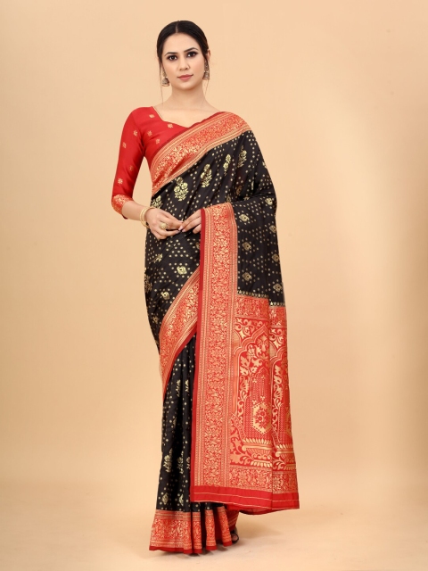 

INDI AVTAAR Black & Red Woven Design Zari Silk Cotton Banarasi Saree