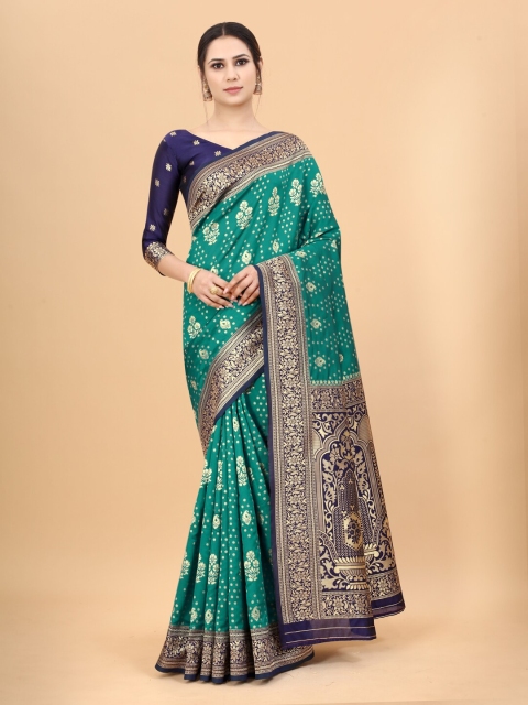 

INDI AVTAAR Green & Gold-Toned Woven Design Zari Silk Cotton Banarasi Saree