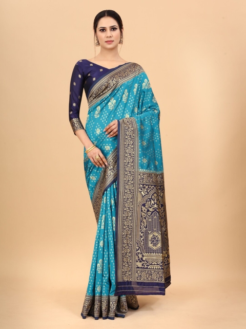 

INDI AVTAAR Blue & Gold-Toned Woven Design Zari Silk Cotton Banarasi Saree