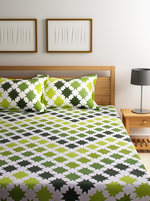 

Home Ecstasy Green & White 104 TC Cotton Double Bedsheet with 2 Pillow Covers