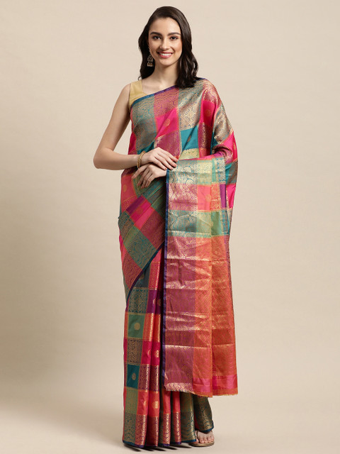

Rivana Peach-Coloured & Blue Woven Design Zari Silk Blend Banarasi Saree