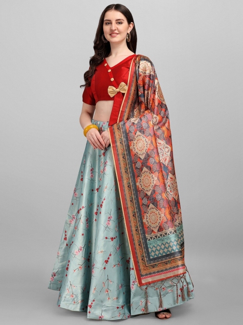 

Fashion Basket Grey & Red Semi-Stitched Lehenga & Unstitched Blouse With Dupatta