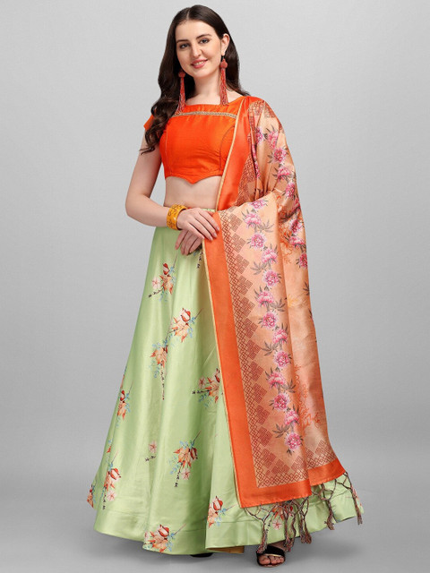

Fashion Basket Orange & Green Semi-Stitched Lehenga & Unstitched Blouse With Dupatta