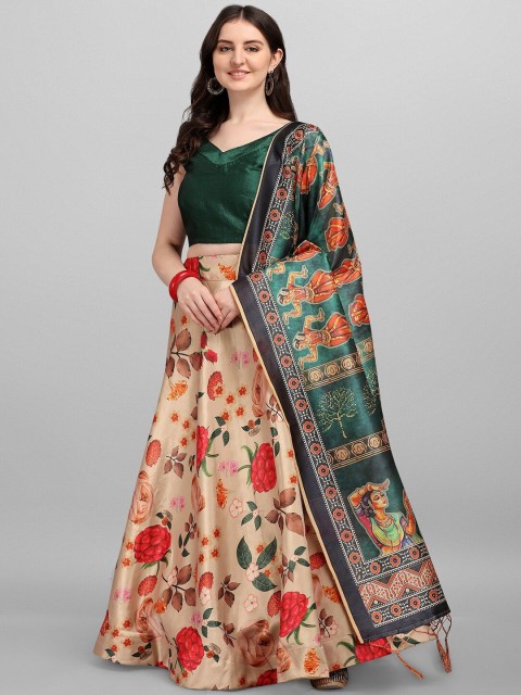 

Fashion Basket Beige & Green Semi-Stitched Lehenga & Unstitched Blouse With Dupatta