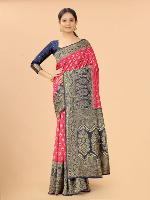 

INDI AVTAAR Pink & Navy Blue Woven Design Zari Silk Cotton Heavy Work Banarasi Saree