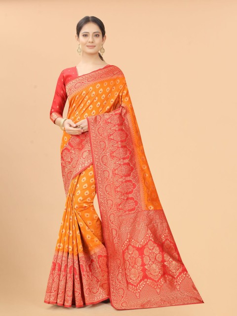 

INDI AVTAAR Orange & Red Ethnic Motifs Zari Silk Cotton Heavy Work Banarasi Saree