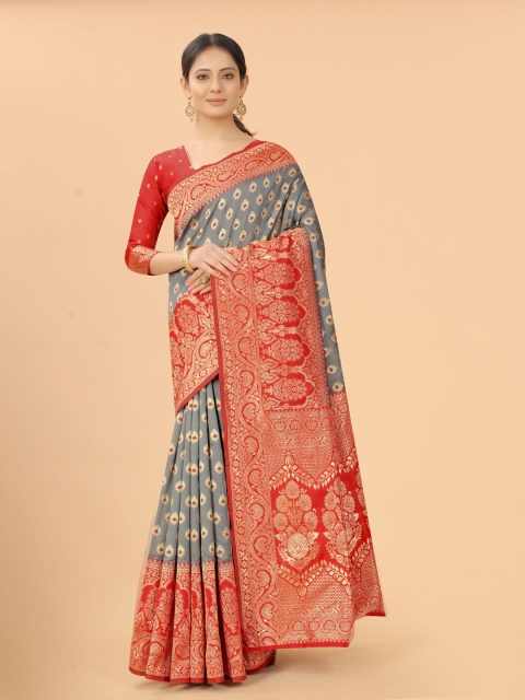 

INDI AVTAAR Grey & Red Woven Design Zari Silk Cotton Banarasi Saree