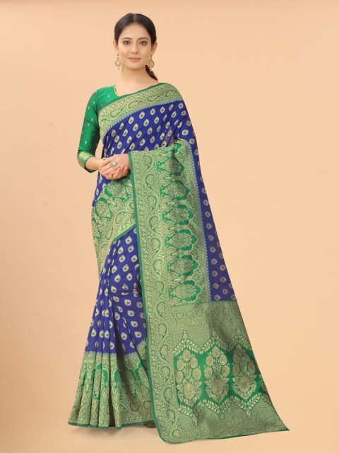 

INDI AVTAAR Green & Blue Woven Design Zari Silk Cotton Banarasi Saree