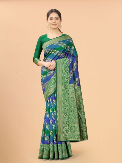 

INDI AVTAAR Blue & Green Woven Design Zari Silk Cotton Heavy Work Banarasi Saree
