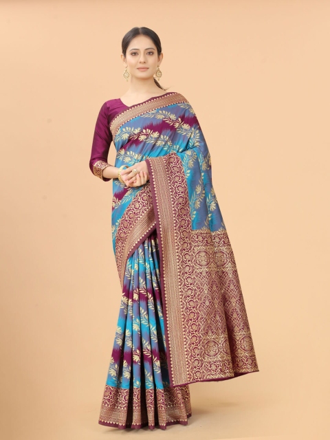 

INDI AVTAAR Burgundy & Blue Woven Design Zari Silk Cotton Banarasi Saree