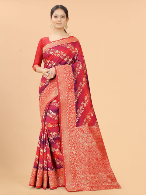 

INDI AVTAAR Red & Pink Woven Design Zari Silk Cotton Banarasi Saree