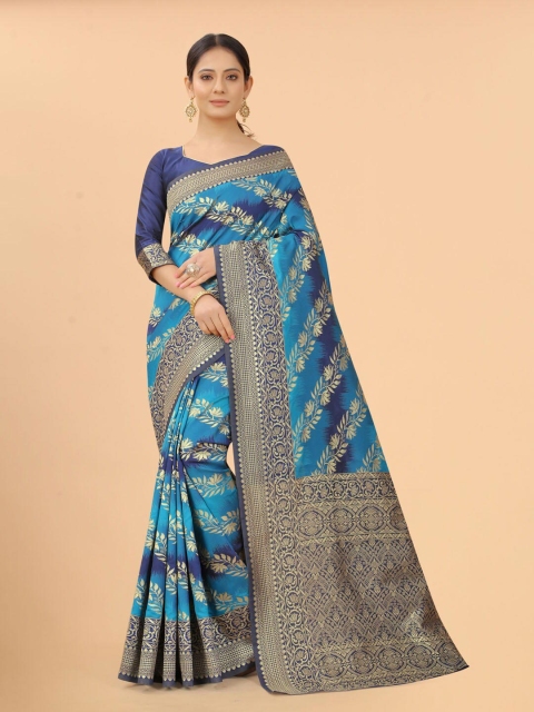 

INDI AVTAAR Blue & Gold-Toned Woven Design Zari Silk Cotton Banarasi Saree