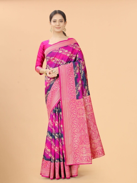

INDI AVTAAR Pink & Gold-Toned Woven Design Zari Silk Cotton Banarasi Saree