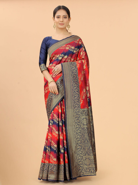 

INDI AVTAAR Red & Blue Woven Design Zari Silk Cotton Banarasi Saree