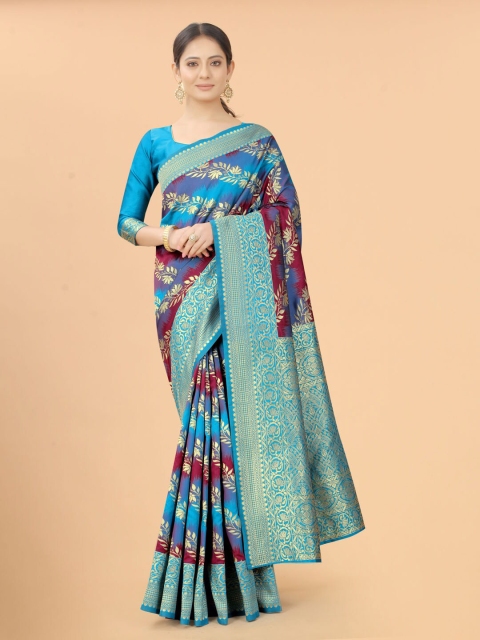 

INDI AVTAAR Blue & Rust Woven Design Zari Silk Cotton Heavy Work Banarasi Saree