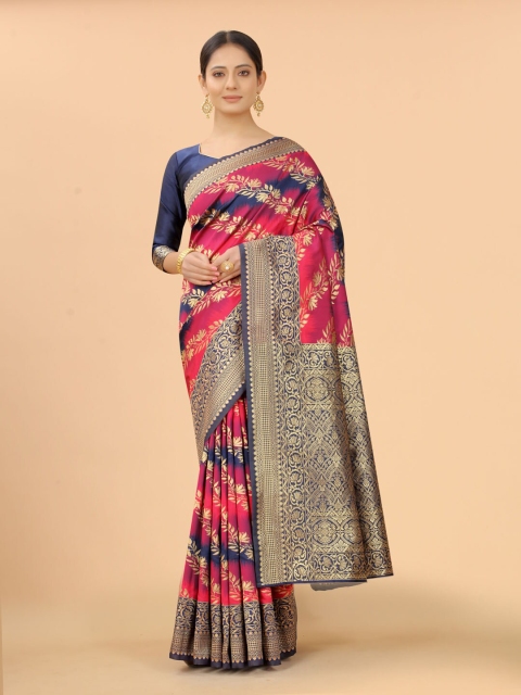 

INDI AVTAAR Pink & Blue Woven Design Zari Silk Cotton Banarasi Saree