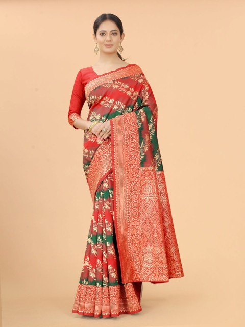 

INDI AVTAAR Rust & Gold-Toned Woven Design Zari Silk Cotton Banarasi Saree