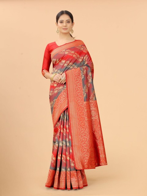 

INDI AVTAAR Red & Gold-Toned Woven Design Zari Silk Cotton Banarasi Saree