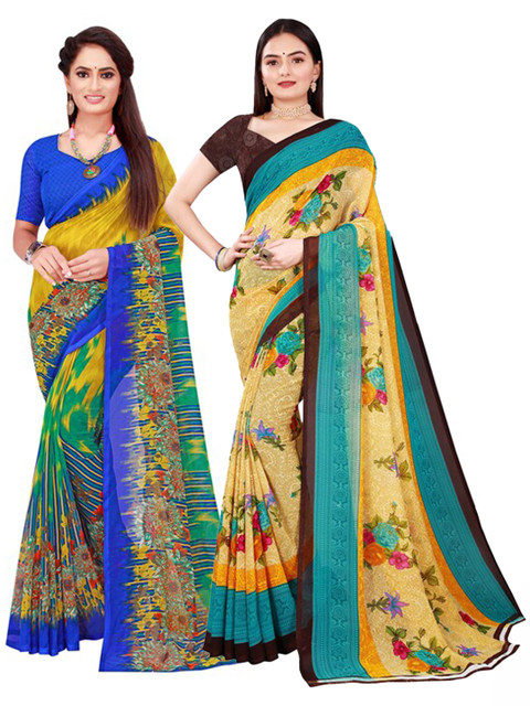 

Florence Pack Of 2 Beige & Green Floral Pure Georgette Saree