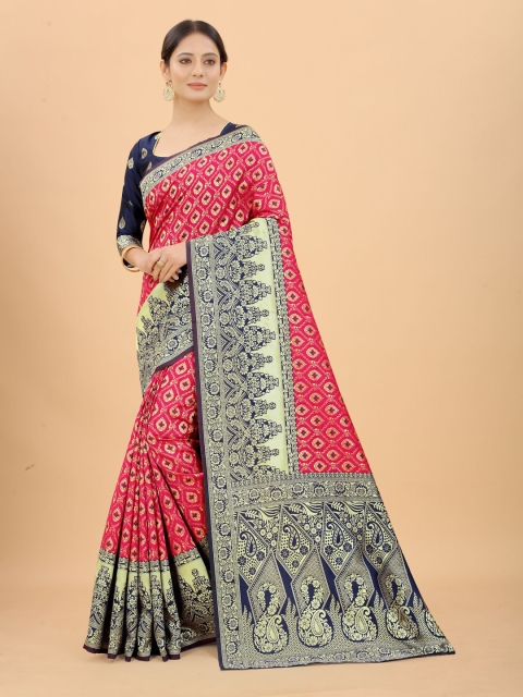 

INDI AVTAAR Pink & Navy Blue Woven Design Silk Cotton Banarasi Saree
