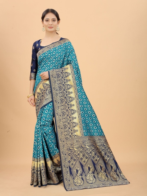 

INDI AVTAAR Blue & Beige Paisley Zari Silk Cotton Banarasi Saree