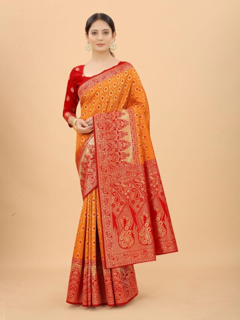 

INDI AVTAAR Orange & Gold-Toned Ethnic Motifs Zari Silk Cotton Banarasi Saree