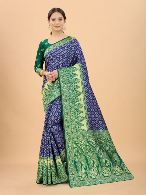 

INDI AVTAAR Violet & Green Paisley Zari Silk Cotton Banarasi Saree
