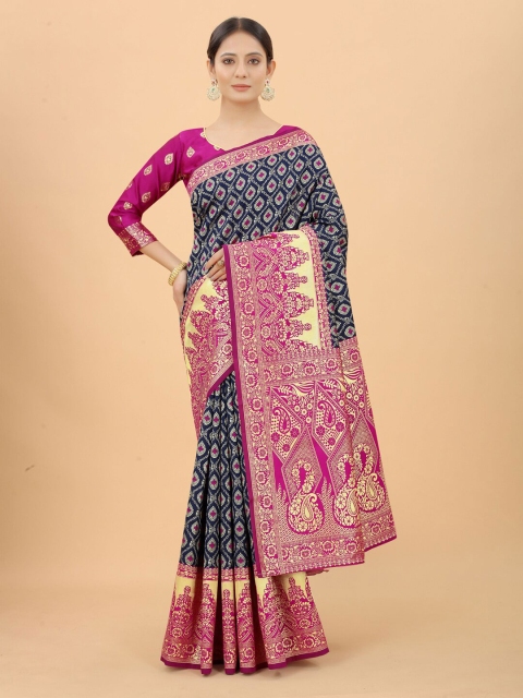 

INDI AVTAAR Navy Blue & Pink Woven Design Silk Cotton Banarasi Saree