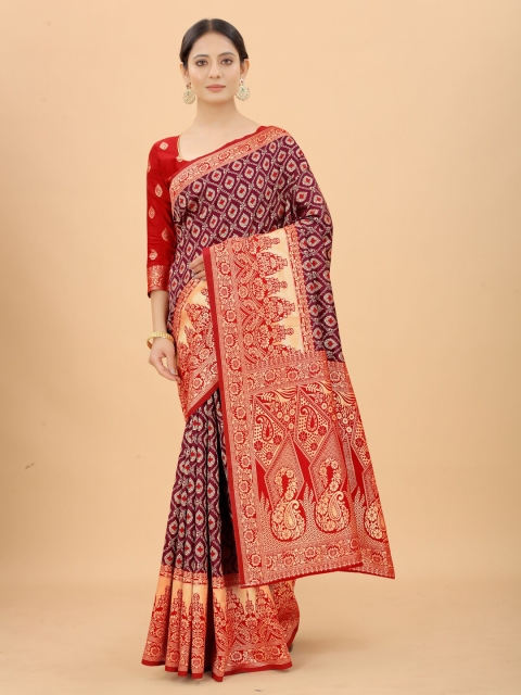 

INDI AVTAAR Burgundy & Red Woven Design Zari Silk Cotton Banarasi Saree