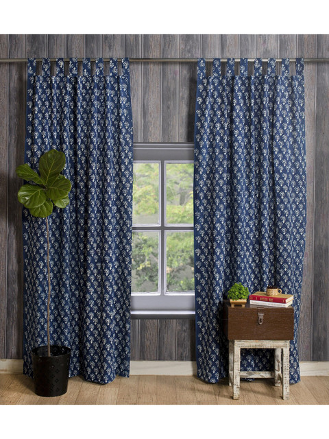 

HANDICRAFT PALACE Blue & White Set of 2 Floral Sheer Door Curtain