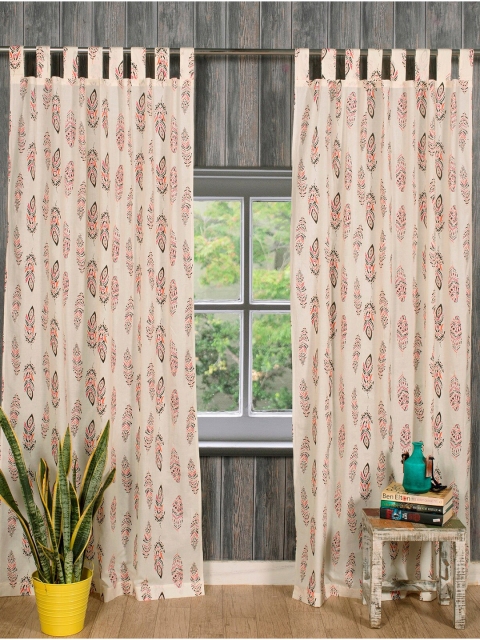

HANDICRAFT PALACE White & Pink Set of 2 Block Feather Printed Pure Cotton Door Curtains