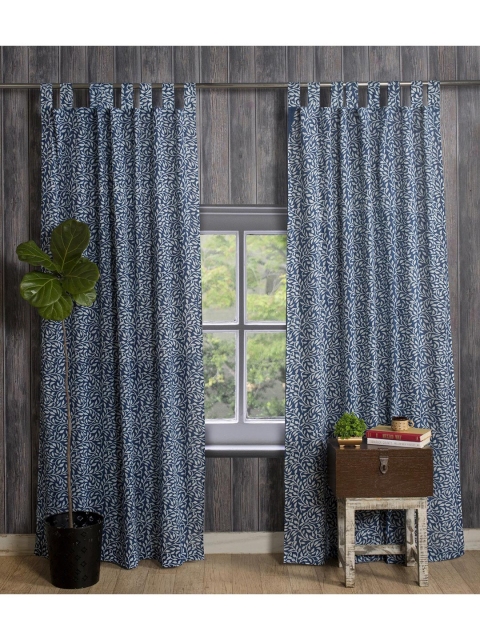 

HANDICRAFT PALACE Blue & White Set of 2 Floral Sheer Door Curtain