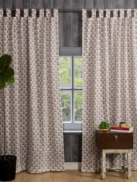 

HANDICRAFT PALACE White & Green Set of 2 Floral Sheer Door Curtain