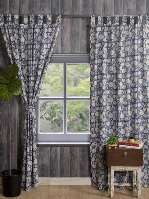 

HANDICRAFT PALACE Blue & Cream-Coloured Set of 2 Floral Sheer Door Curtain