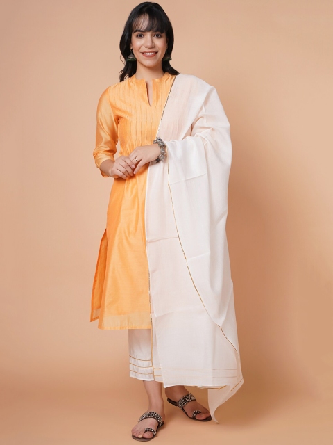 

BARARA ETHNIC Women Mustard Yellow Striped Chanderi Silk Kurta with Trousers & With Dupatta