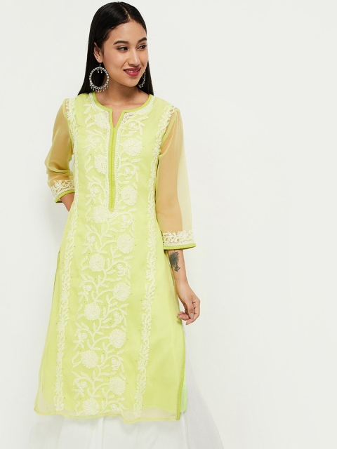 

max Men Lime Green Floral Embroidered Chikankari Kurta