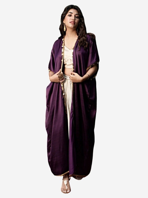 

Alaya By Stage3 Women Purple & Gold-Toned Ethnic Embellished Longline Shrug