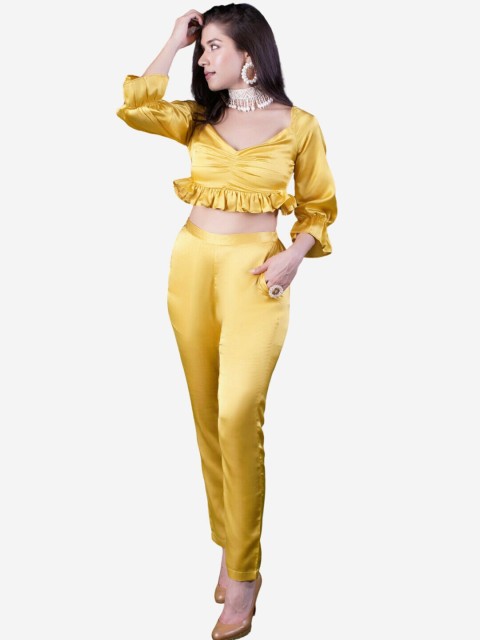 

Alaya By Stage3 Yellow & flax Satin Styled Back Crop Top