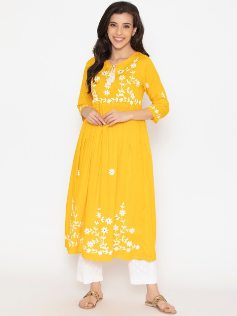 

SAABHI Women Yellow Floral Embroidered Thread Work Floral Kurta
