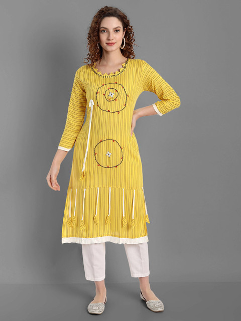 

TORONFRAS Women Yellow Striped Thread Work A-line Kurta