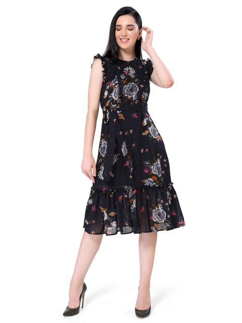 

ZINNIA Navy Blue Floral Georgette A-Line Dress