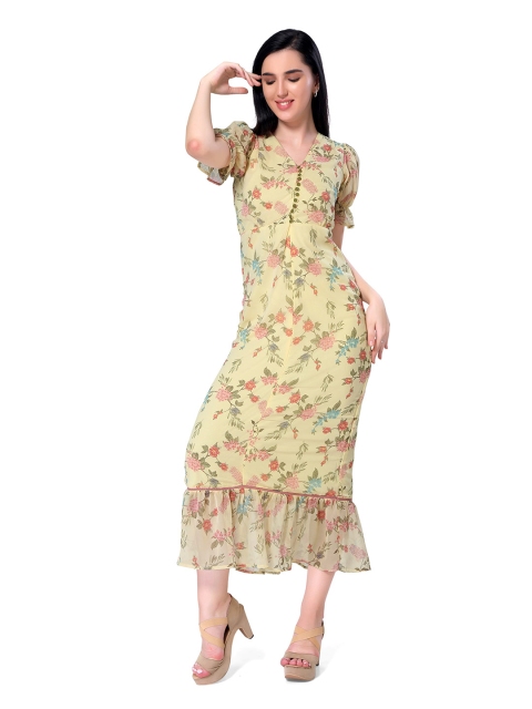 

ZINNIA Women Yellow Floral Georgette A-Line Midi Dress