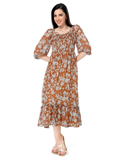 

ZINNIA Women Brown & White Floral Chiffon smocking Maxi Dress