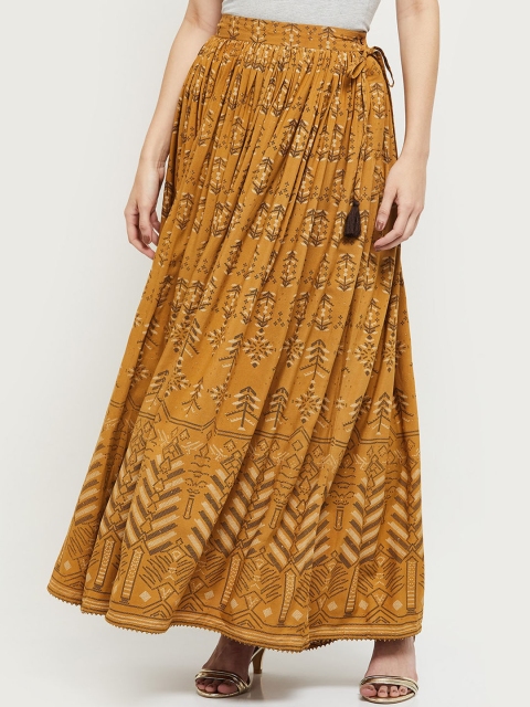

max Women Mustard-YellowPrinted Maxi-Length Flared Skirt